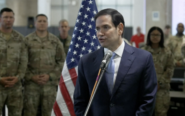 US Secretary of State Marco Rubio speaks at a press conference at the US-Israel Civil-Military Coordination Center in Israel on October 24, 2025. (Screenshot)